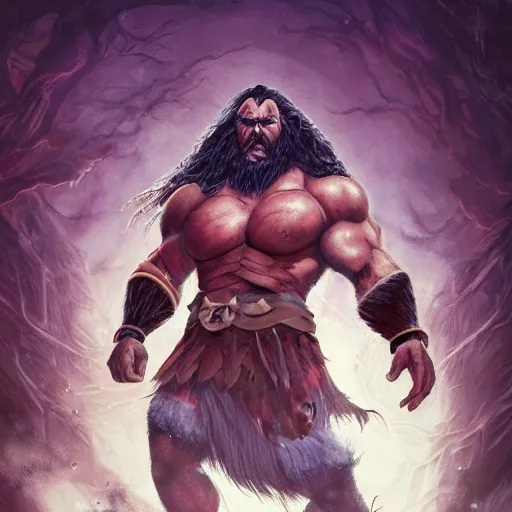 Image similar to a hyper realistic full body portrait of a cartoon character brought to the real world, a combination of a beefy conan the barbarian and a warlock with a kind heart, in the background is a normal suburban backyard by Anato Finnstark, Jordan Grimmer, Ross Tran, 8k,