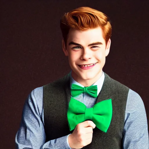 Prompt: Archie Andrews wearing a green bow tie and a black sweater vest with a letter R on it