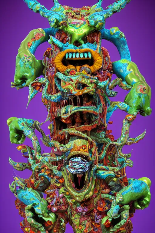 Image similar to maximalist lowbrow style overdetailed 3d sculpture of a monster by clogtwo and ben ridgway inspired by beastwreckstuff chris dyer and jimbo phillips. Cosmic horror infused retrofuturist style. Hyperdetailed high resolution. Render by binx.ly in discodiffusion. Dreamlike surreal polished render by machine.delusions. Sharp focus.