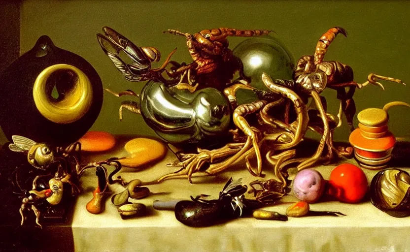 Image similar to disturbing colorful oil painting dutch golden age vanitas still life with grotesque bizarre objects strange gooey surfaces shiny metal rubber bizarre insects rachel ruysch dali todd schorr very detailed perfect composition rule of thirds masterpiece canon 5 0 mm, cinematic lighting, photography, chiaroscuro, film, kodachrome