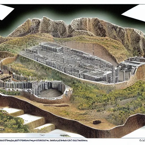 Prompt: diagram illustration of osama bin ladens mountain fortress, cutaway, underground, from time magazine 2 0 0 2