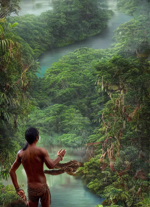 Image similar to a young indigenous amazon man standing on the bank of the amazon river, matte painting, ayahuasca, fantasy art