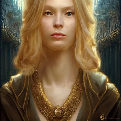 Prompt: a french lady with blonde hair and a beautiful face in a fantasy versailles, symmetric face, hyperrealism, epic fantasy digital art, fantasy style art, by Greg Rutkowski, fantasy magic the gathering card art style