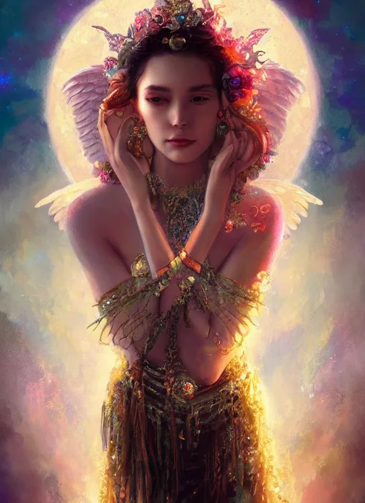 Image similar to A beautiful digital painting of a female angel full of jewels, princess, the moon behind her, intricate, cinematic lighting, highly detailed, digital painting, Artstation, concept art, smooth, sharp focus, illustration, art by Tom Bagshaw, Artgerm and Greg Rutkowski