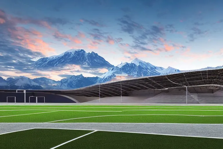 Prompt: architecture photo modern fachwerk football stadium with Elbrus mountain on the background, architecture, photorealism 8k , shining and happy atmosphere, uplight, high details