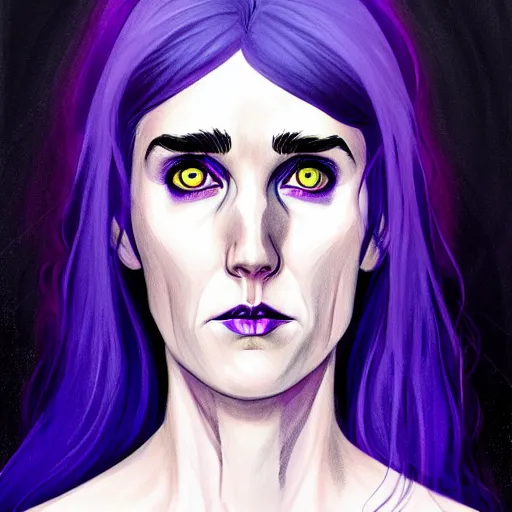 Prompt: in the style of Phil Noto, beautiful witch spooky female, Jennifer Connelly, blue and purple glowing hair, perfect eyes perfect symmetrical eyes, symmetrical face, dark forest background, painterly style