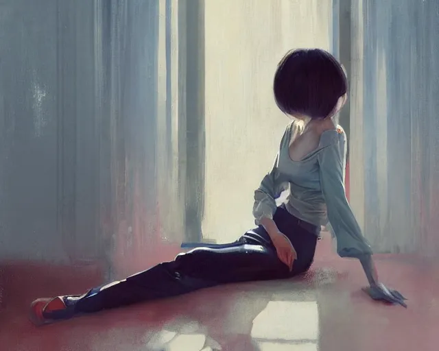 Image similar to A ultradetailed beautiful portrait panting of a stylish woman sitting on the ground of a messy apartment, Oil painting, by Ilya Kuvshinov, Greg Rutkowski and Makoto Shinkai