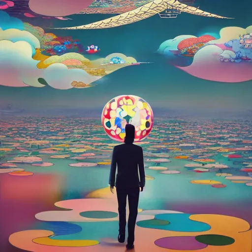 Image similar to a man walking on clouds away from the camera above kyoto by takashi murakami, beeple and james jean, aya takano color style, 4 k, super detailed, modern, 4 k, symmetrical