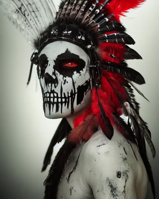 Image similar to the ghost - spirit of the grim - warpaint wears the scarlet skull armor and native blood headdress feathers, midnight fog - mist!, dark oil painting colors, realism, cinematic lighting, various refining methods, micro macro autofocus, ultra definition, award winning photo