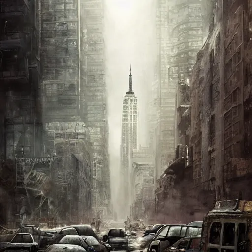 Prompt: new york in a post apocalyptic world, artstation hall of fame gallery, editors choice, #1 digital painting of all time, most beautiful image ever created, emotionally evocative, greatest art ever made, lifetime achievement magnum opus masterpiece, the most amazing breathtaking image with the deepest message ever painted, a thing of beauty beyond imagination or words, 4k, highly detailed, cinematic lighting