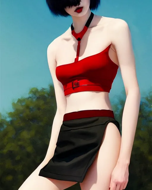 Prompt: torso of pale skin beauty in mini skirt and crop top tank top harness, black hair, red lips, paint by ilya kuvshinov and ross tran and karol bak and stanley lau and anna dittmann and artgerm and xiaoguang sun and tian zi