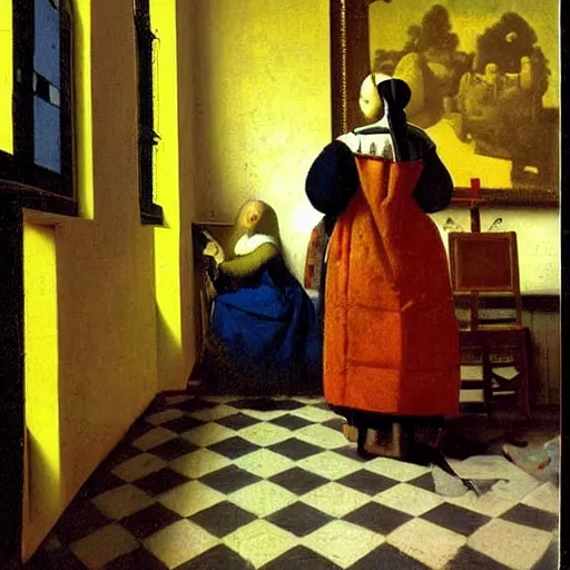 Image similar to An AI reimagining of The Art of Painting (1666) by Johannes Vermeer