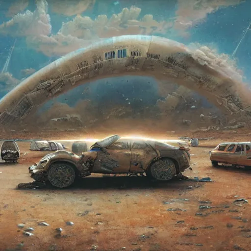 Image similar to a giant spaceship smashed to pieces in the new mexico desert, government agent campsite and cars, beksinski, wayne barlowe, very coherent symmetrical artwork, cinematic, hyper realism, high detail, octane render, 8 k