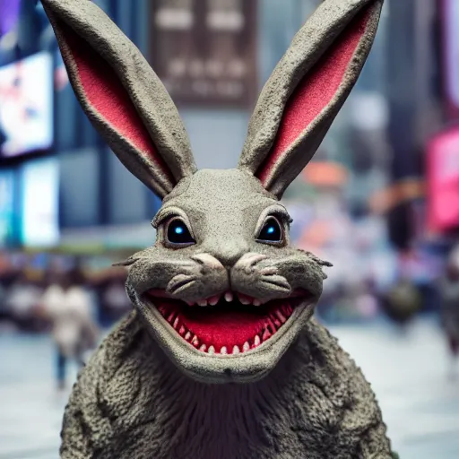 Image similar to a realistic clay sculpture of a very scary bunny with sharp teeth made by michelangelo, standing in times square, 3 d render, hyper detailed, sharp focus, 8 k resolution