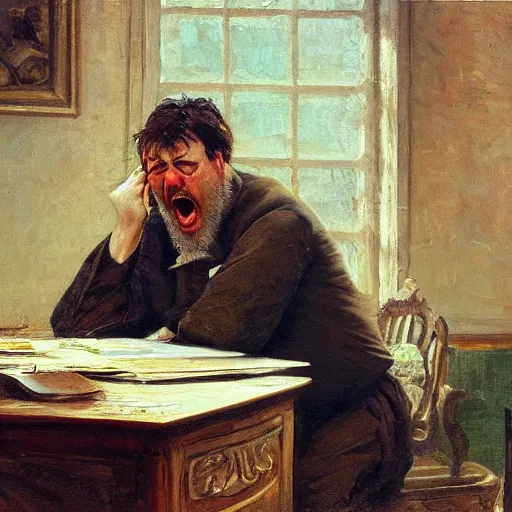 Image similar to an angry man yells at his computer monitor, oil on canvas, 1 8 8 3, highly detailed