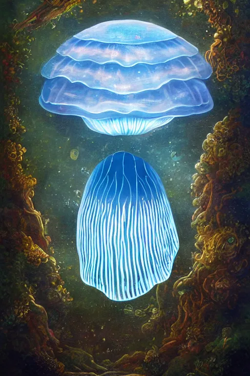 Image similar to a beautiful painting of a cylindrical moon jellyfish tank in an aquarium, ray of light, shimmering and prismatic, rococo, highly detailed, trending on artstation.