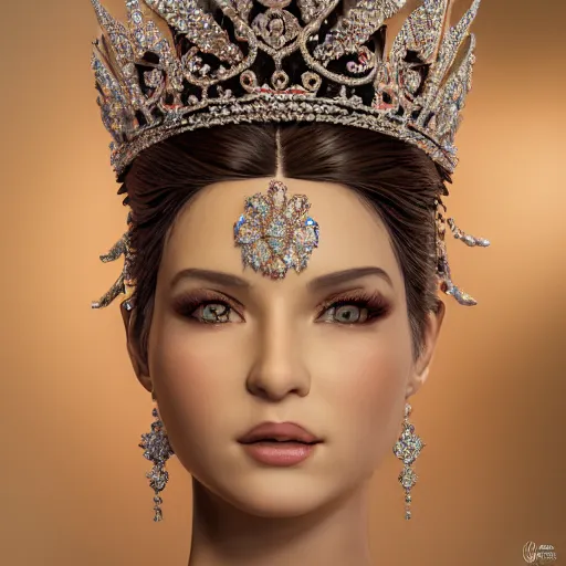 Image similar to portrait of wonderful princess of diamond with fair skin, ornate with diamonds, 8 k, gorgeous, intricate, detailed, glowing white accent lighting, dramatic lighting, octane render