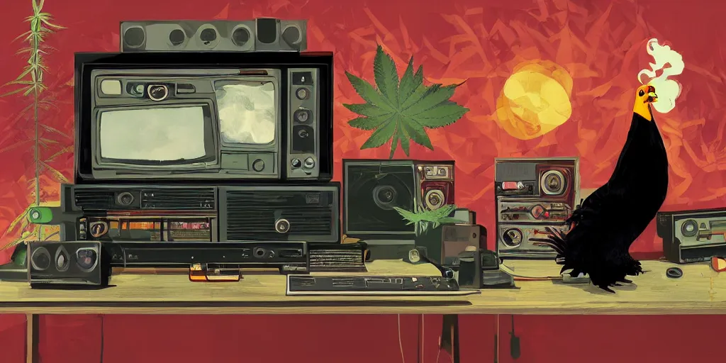 Image similar to 'black chicken'!!! smoking 'cannabis!!!!!!' in front of 'radio console'!!!! and 'multi monitors!!!!!!' in a tv broadcasting studio, artwork by James Gilleard