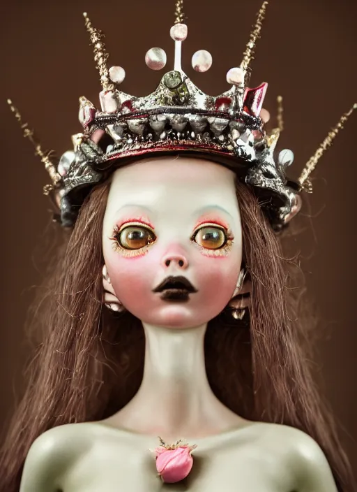 Prompt: closeup face profile portrait of a tin toy fairytale goth princess wearing a crown eating cakes, bikini, depth of field, zeiss lens, detailed, symmetrical, centered, fashion photoshoot, by nicoletta ceccoli, mark ryden, lostfish, breathtaking, 8 k resolution, extremely detailed, beautiful, establishing shot, artistic, hyperrealistic, octane render