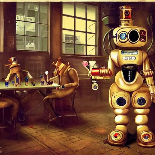 Prompt: a steampunk robot is at the sports bar and orders a drink from a cyber punk (TY beanie baby puppy), cgsociety, old master.