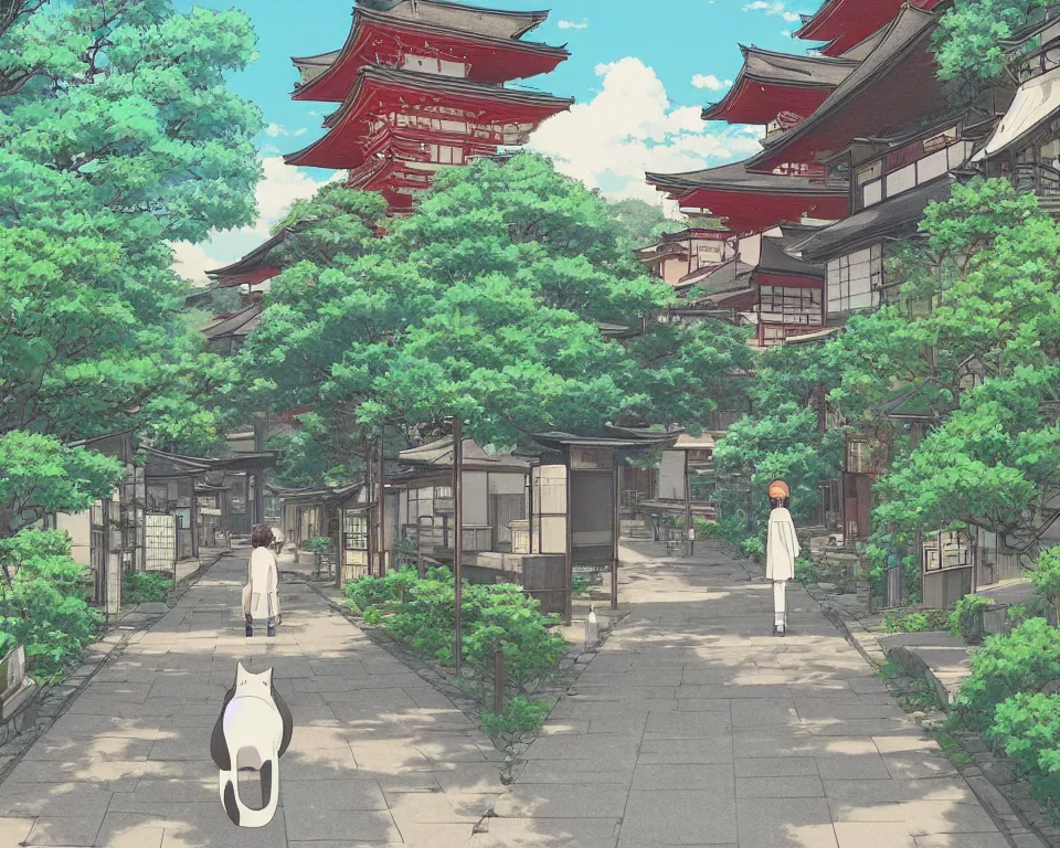 Prompt: beautiful illustration, view from behind a cat walking down the footpath in kyoto on a fine summers day, anime manga style, aesthetic, scene from the movie'your name ', makoto shinkai