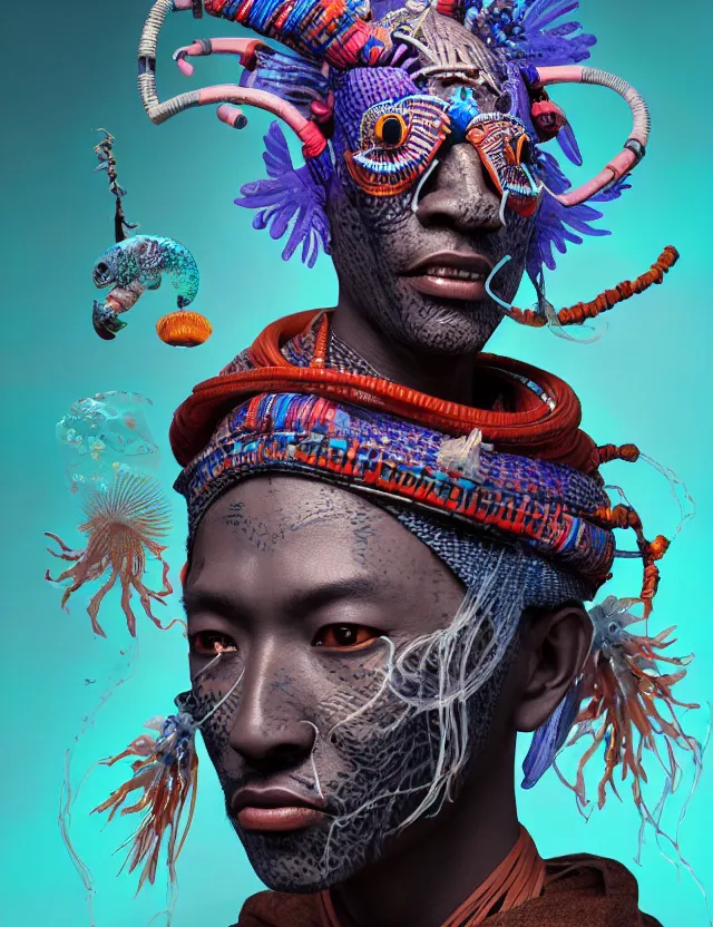 Image similar to 3 d witch doctor portrait. beautiful intricately detailed african mask and clasical japanese kimono. betta fish, jellyfish phoenix, bio luminescent, plasma, ice, water, wind, creature, artwork by tooth wu and wlop and beeple and greg rutkowski