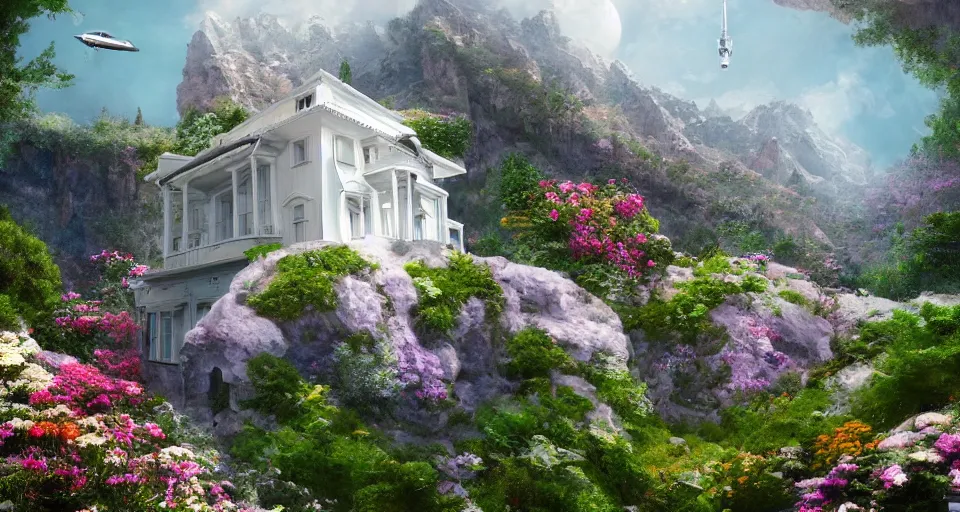 Image similar to small white house in canyon filled with flowers, space ship flying by, photorealistic, artstation, detailed