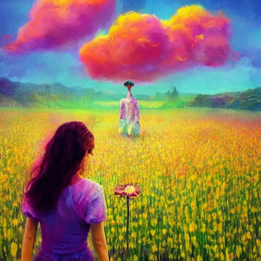 Image similar to girl with an blooming flower for a face, surreal photography, dream, standing in flower field, magical, in a valley, sunrise dramatic light, impressionist painting, colorful clouds, artstation, simon stalenhag, exploding flower face