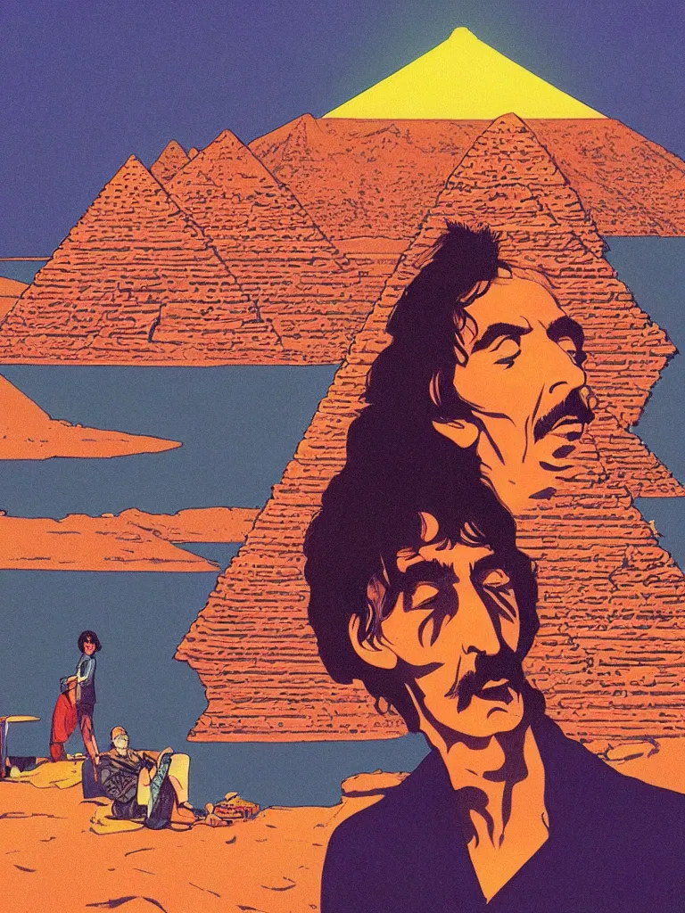 Image similar to a closeup portrait of george harrison taking mind altering drugs, a blotter paper of lsd acid and dreaming psychedelic hallucinations in the vast landscape of egypt, by kawase hasui, moebius, edward hopper, colorful flat surreal design, dramatic lighting, hd, 8 k, artstation