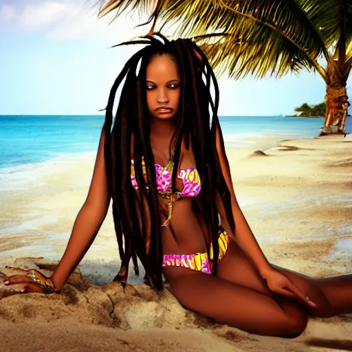 Prompt: beautiful Rastafarian girl with long dreadlocks, chesty, swimsuit, ocean, palm trees
