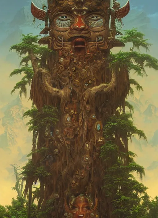 Image similar to a totem in the jungle, with faces of ancestors in the sky wearing tribal masks, hyper detailed, art by christophe vacher