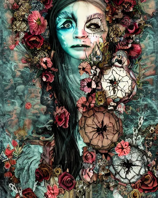 Prompt: a pretty but sinister and creepy monster in layers of fear decoupage, with haunted eyes, wearing punk clothing, violence in his eyes, 1 9 7 0 s, seventies, delicate embellishments, a little blood, woodland, blue dawn light shining on wildflowers, painterly, offset printing technique, rankings pixiv, by tooth wu