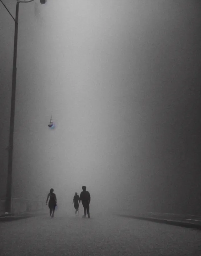 Image similar to very low - resolution found footage of a couple escaping in the city from a starfish kaiju monster, fog, foggy, korean film noir, monochrome, red hue, thriller, underdeveloped, epic, dramatic