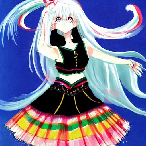 Prompt: A girl with long white hair is dancing, her hair is very flowing by yoneyama mai