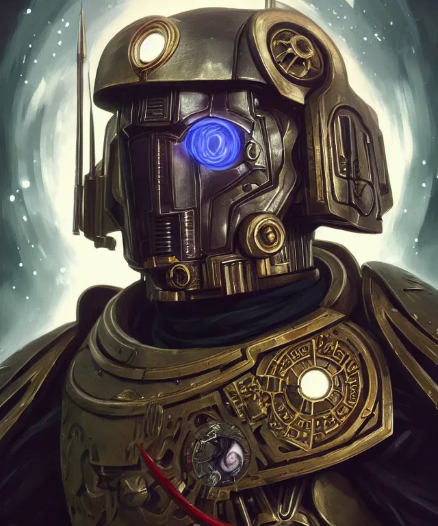 Image similar to Matt Baker Doctor Who as Warhammer 40k Space Marine, portrait, fantasy, intricate, elegant, highly detailed, digital painting, artstation, concept art, smooth, sharp focus, illustration, art by artgerm and greg rutkowski and alphonse mucha