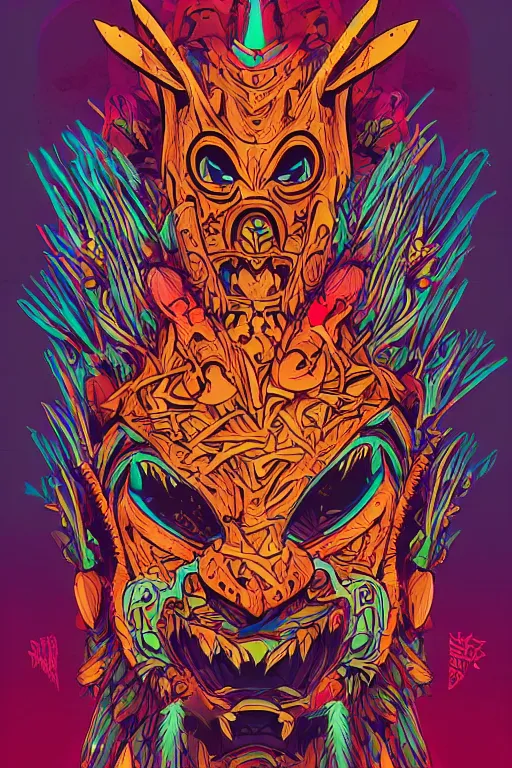 Image similar to totem animal mask tribal feather gemstone plant wood rock shaman vodoo video game vector illustration vivid multicolor borderlands comics by josan gonzales and dan mumford radiating a glowing aura