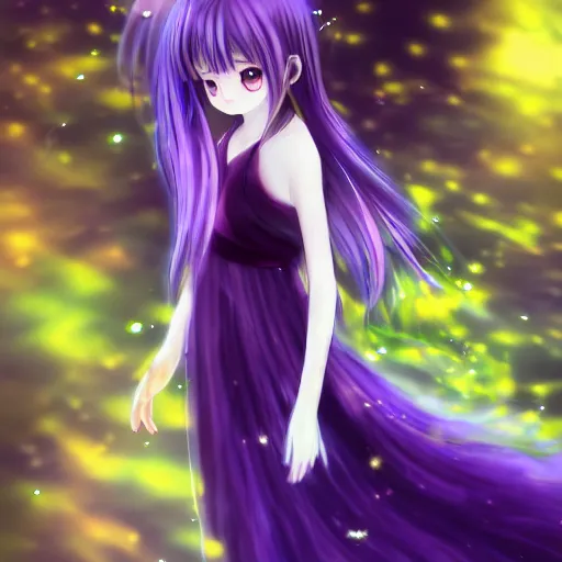 Image similar to advanced digital anime art, Sakimichan , a gorgeous high school girl with long gold and silver hair wearing a violet dress and bare feet walking through a crystal clear river, DOF, Gaussian Blur,