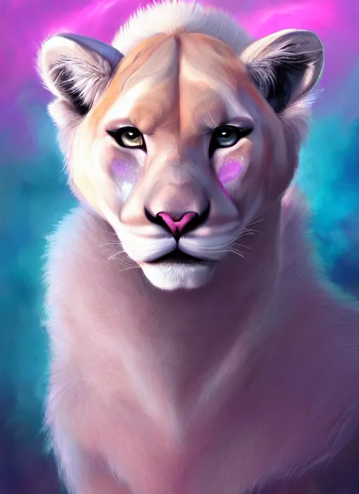 Image similar to award winning beautiful portrait commission of a male furry anthro albino mountain lion with a beautiful hyperdetailed attractive outfit and face wearing a blue and pink rockstar outfit on a stage. Character design by charlie bowater, ross tran, and makoto shinkai, detailed, inked, western comic book art