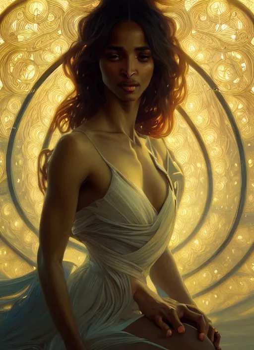 Image similar to portrait of ciara, intricate, elegant, glowing lights, highly detailed, digital painting, artstation, glamor pose, concept art, smooth, sharp focus, illustration, art by wlop, alphonse mucha and greg rutkowski