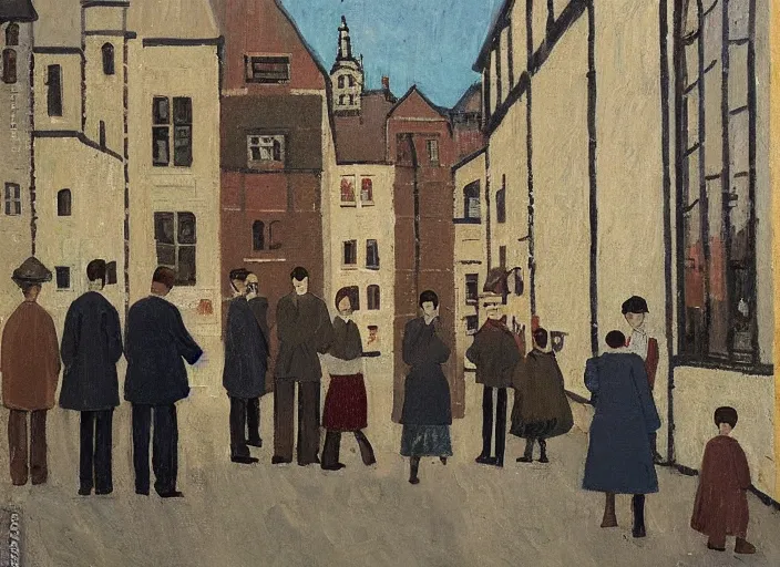 Image similar to a scene from a wes anderson movie painted by ls lowry