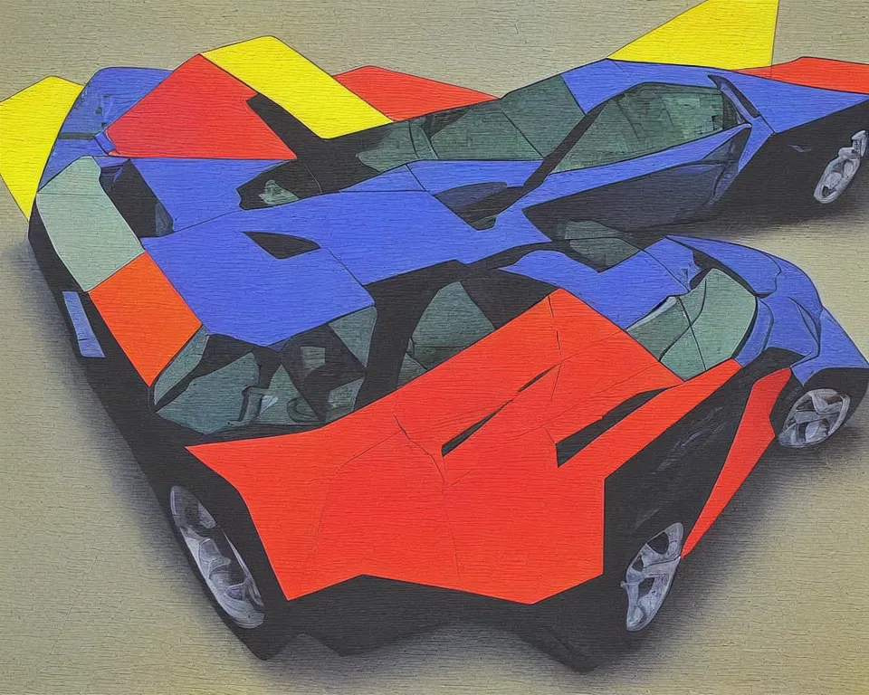 Prompt: an abstract, geometric, and flat side view of a Lamborghini diablo. intricate, vibrant, Raphael, Monet, Rene Margritte.