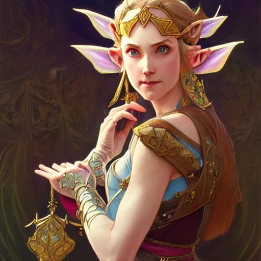 Image similar to Princess Zelda, fantasy, intricate, elegant, highly detailed, digital painting, artstation, concept art, matte, sharp focus, illustration, art by Artgerm and Greg Rutkowski and Alphonse Mucha