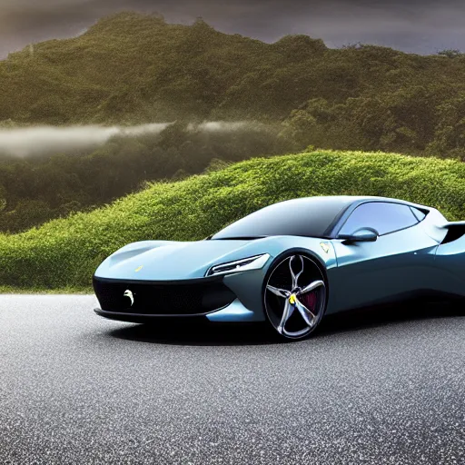 Image similar to a electric sport car designed by ferrari, outdoor magazine, ambient light, fog