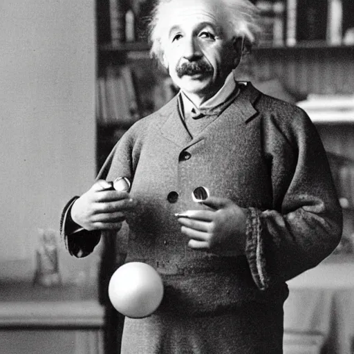 Prompt: einstein holding ( model of atom with metallic spheres ) in his hands, color