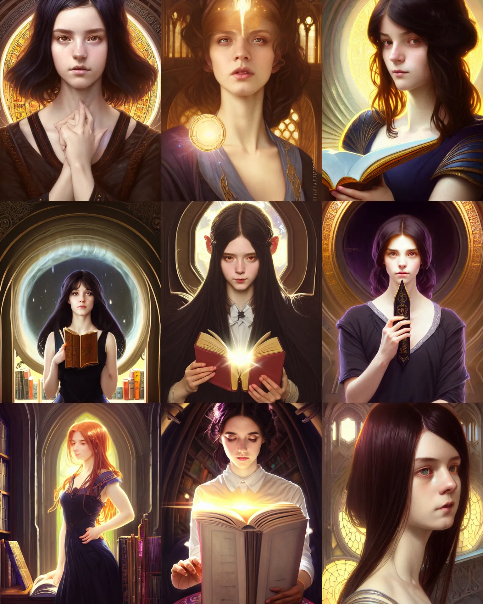 Prompt: fantasy portrait of a university female, magic school, light hair with streaks of black throughout, short hair style, book library studying, intricate, sharp focus, heavy lens flare, bloom, rim light, illustration, highly detailed, digital painting, concept art, matte, art by wlop and artgerm and greg rutkowski and alphonse mucha, masterpiece