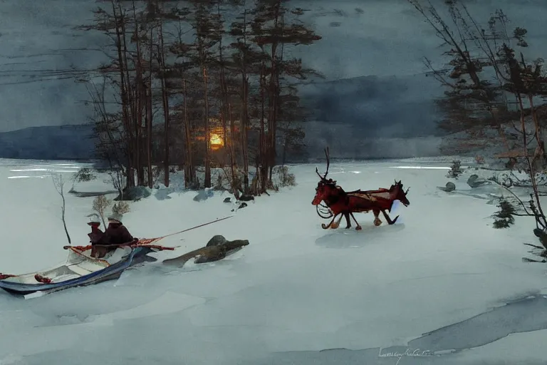 Prompt: watercolor painting of sleigh on ice lake, winter, ambient lighting, dust, art by anders zorn and winslow homer, wonderful masterpiece by greg rutkowski, cinematic light, american romanticism by greg manchess, creation by tyler edlin