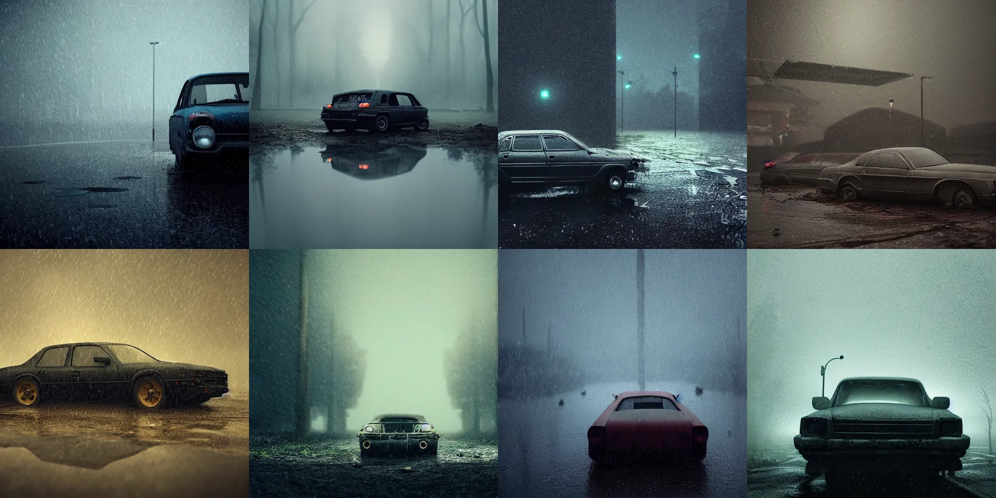 Prompt: beautiful dark creepy rainy wet landscape, old abandoned car sinking, in the style of beeple and Mike Winkelmann, intricate, epic lighting, cinematic composition, hyper realistic, 8k resolution,