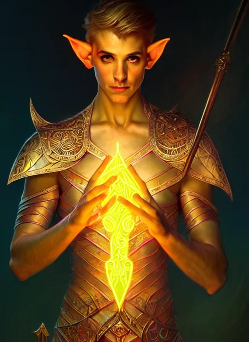 Image similar to meditative male elf spellsword, dnd fantasy character full - body portrait, glowing neon skin, magical aura, ultra realistic, intricate, elegant, highly detailed, digital painting, artstation, smooth, sharp, focus, illustration, art by artgerm and greg rutkowski and alphonse mucha