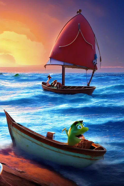 Image similar to a boat on the sea. pixar disney 4 k 3 d render movie oscar winning trending on artstation and behance. ratatouille style.