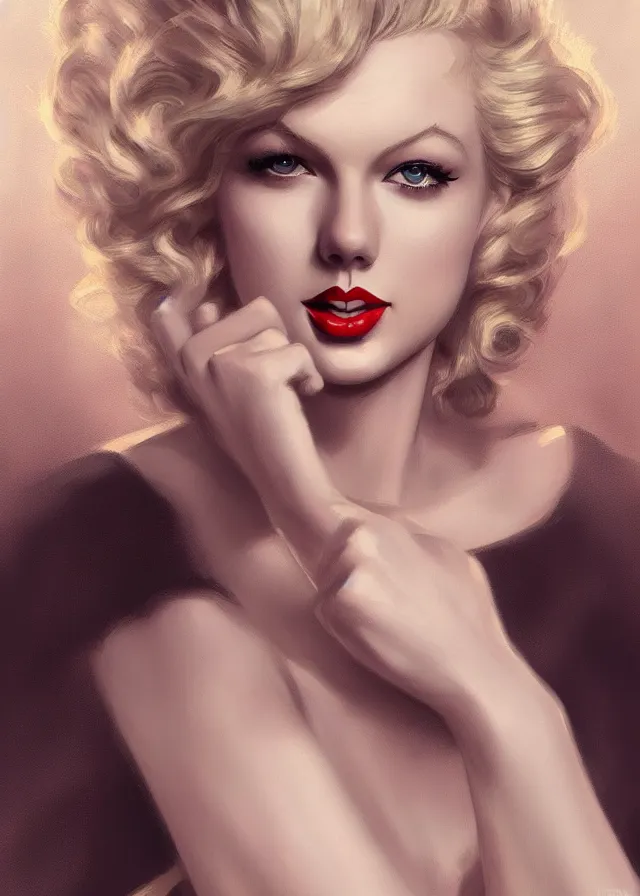 Prompt: portrait of taylor swift as a young marilyn monroe, elegant, flat lighting, intricate, highly detailed, digital painting, artstation, concept art, smooth, sharp focus, illustration, closeup, misa amane, art by simon bisley and greg rutkowski and alphonse mucha
